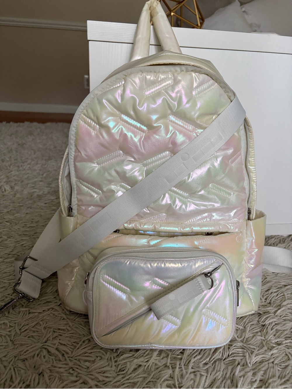 Iridescent Cream Quilted Backpack with Detachable Crossbody Pouch